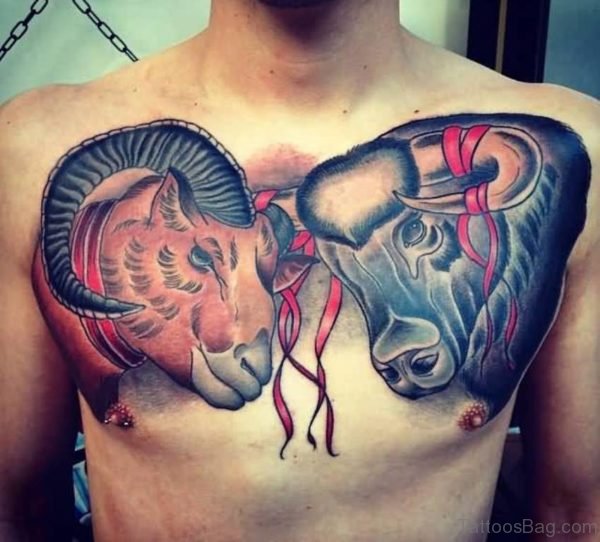 Colored Aries Tattoo On Chest