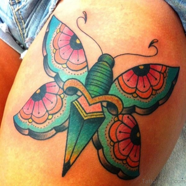 Colored Butterfly Tattoo On Thigh 