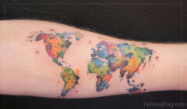 Colored Detailed World Map Tattoo On Arm