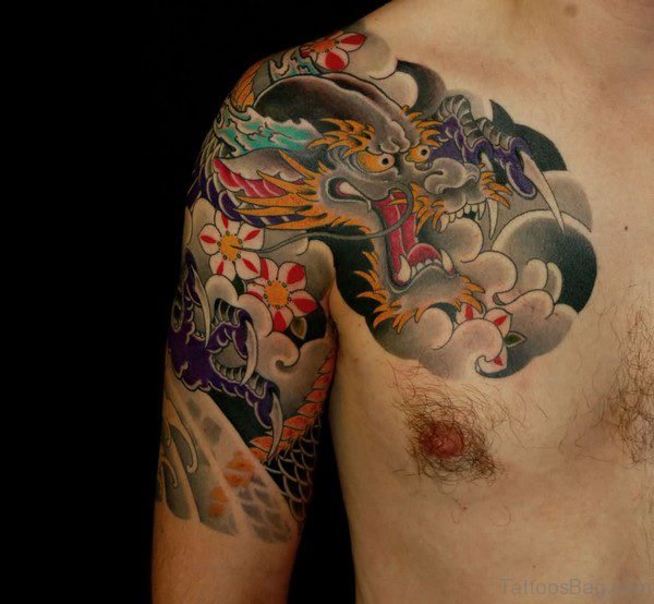Colored Dragon Tattoo On Shoulder 