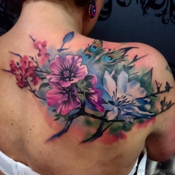 Colored Flowers Tattoo On Upper Back