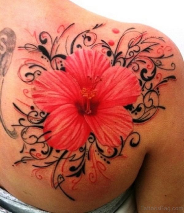 Colored Hawaiian Flower Tattoo On Back 