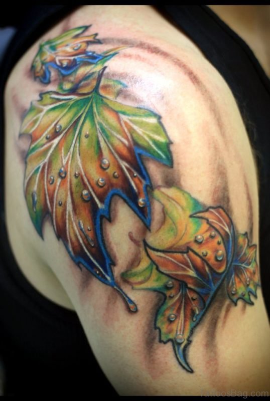 Colored Leaf Tattoo On Shoulder