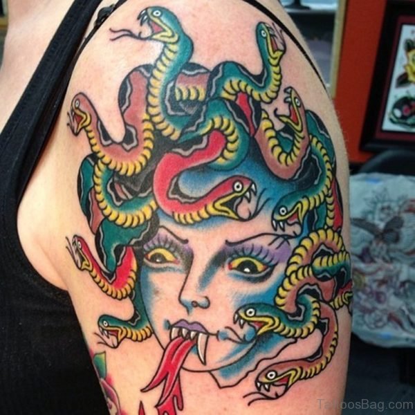 Colored Medusa Head Tattoo On Shoulder 