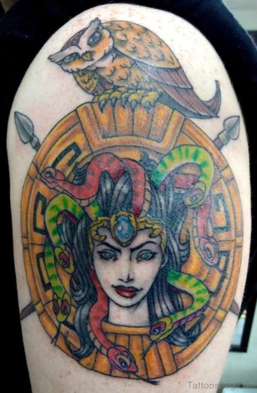 Colored Medusa Tattoo On Shoulder 
