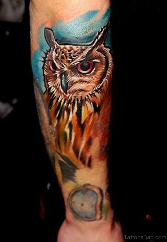 Colored Owl Tattoo On Arm 