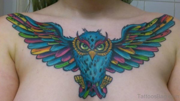 Colored Owl Tattoo On Chest 