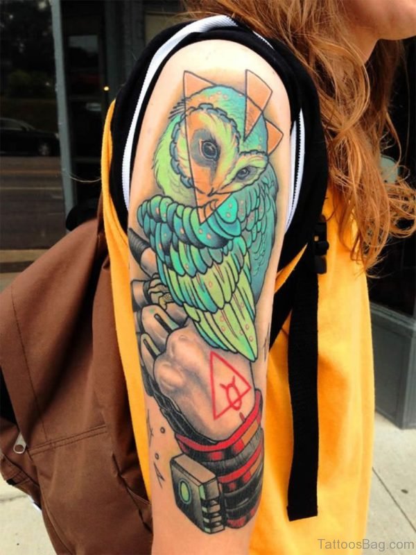 Colored Owl Tattoo On Half Sleeve 