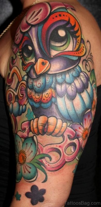 Colored Owl Tattoo On Shoulder 