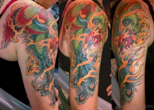 Colored Phoenix Tattoo On Half Sleeve 