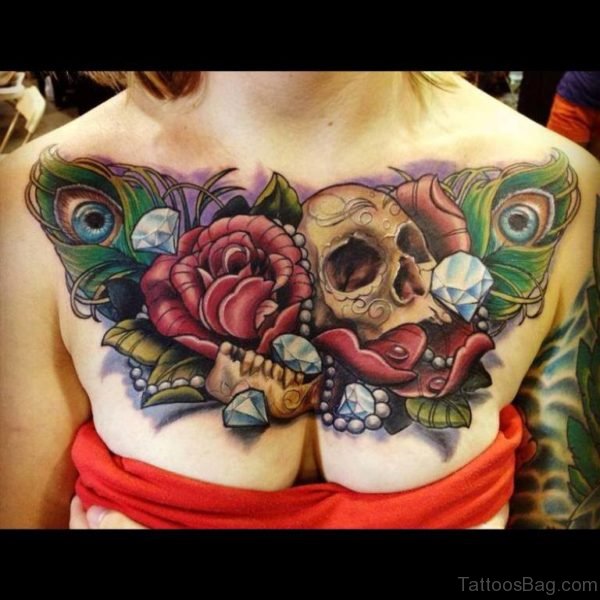 Colored Skull Tattoo On Chest 