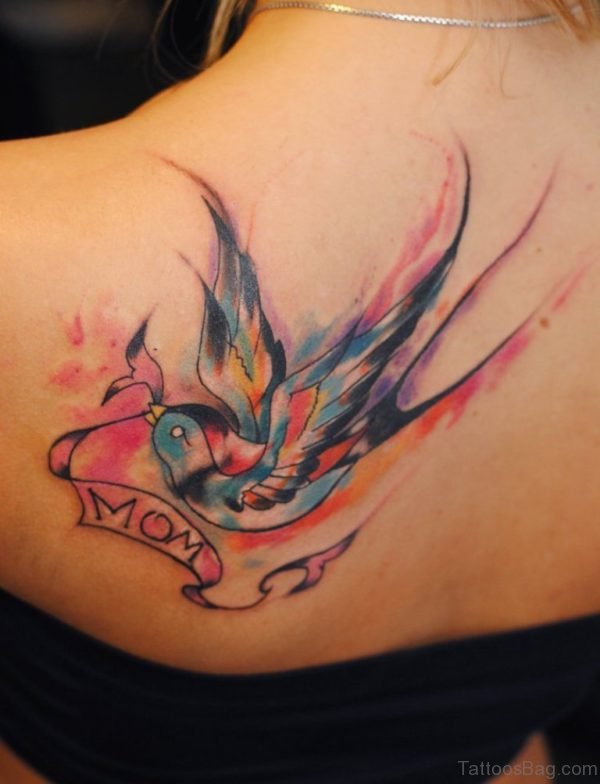 Colored Swallow Tattoo On Back 