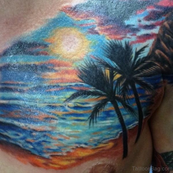 Colored Tree Tattoo On Chest