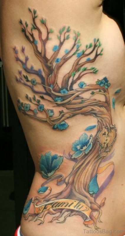 Colored Tree Tattoo On Rib