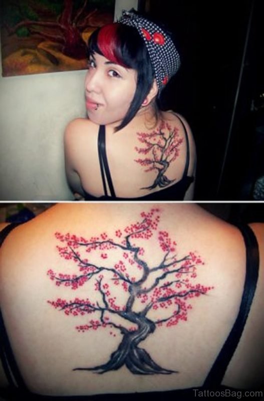 Colored Tree Tattoo On Upper Back