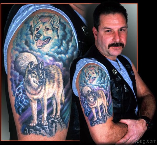 Colorful Alpha Wolf Tattoo On Shoulder