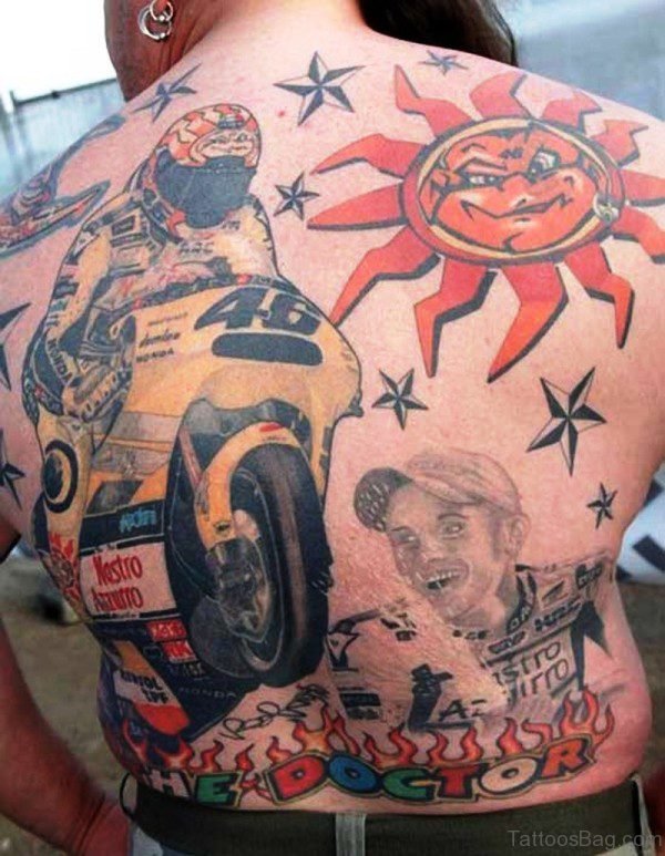 Colorful Biker Tattoo On Back