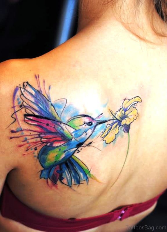 Colorful Bird With Flower Tattoo Design