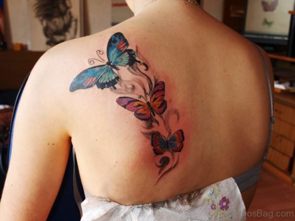 Colorful Butterflies Tattoo On Back Shoulder