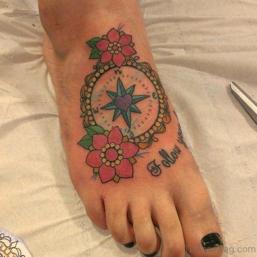 Colorful Compass Tattoo On Foot 