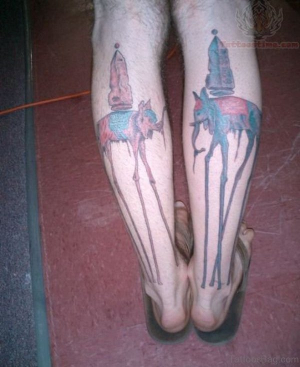 Colorful Dali Elephant Tattoo On Leg