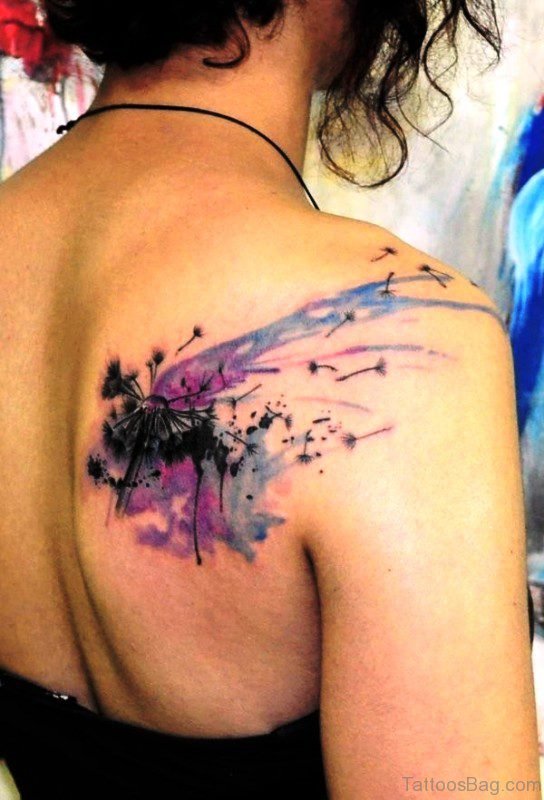 Colorful Dandelion Tattoo On Back Shoulder