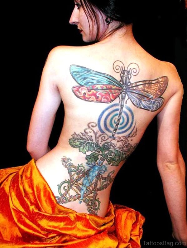 Colorful Dragonfly Tattoo On Back