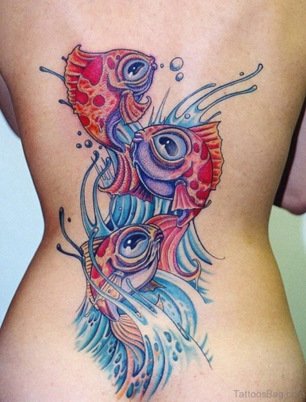 Colorful Fish Tattoo Design On Back