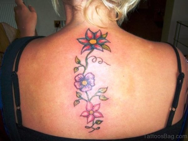 Colorful Flower Vine Tattoo On Back