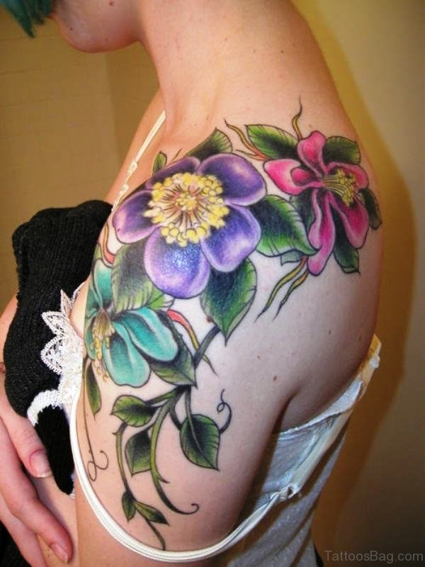 Colorful Flowers Tattoo On Shoulder