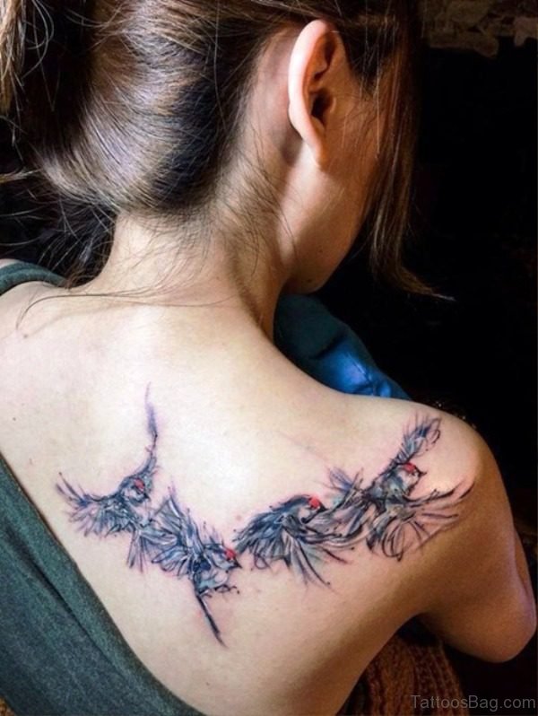 Colorful Flyimng Birds Tattoo On Back Shoulder
