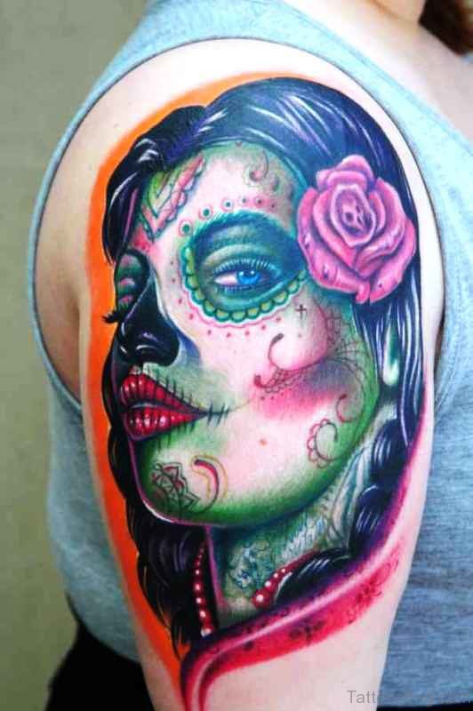 Colorful Girl Portrait Tattoo On Shoulder