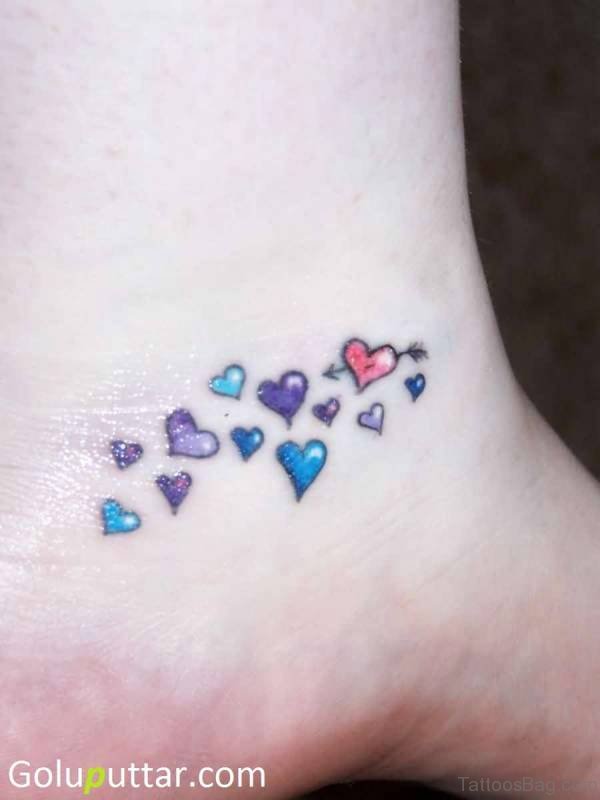 Colorful Heart Tattoo On Ankle