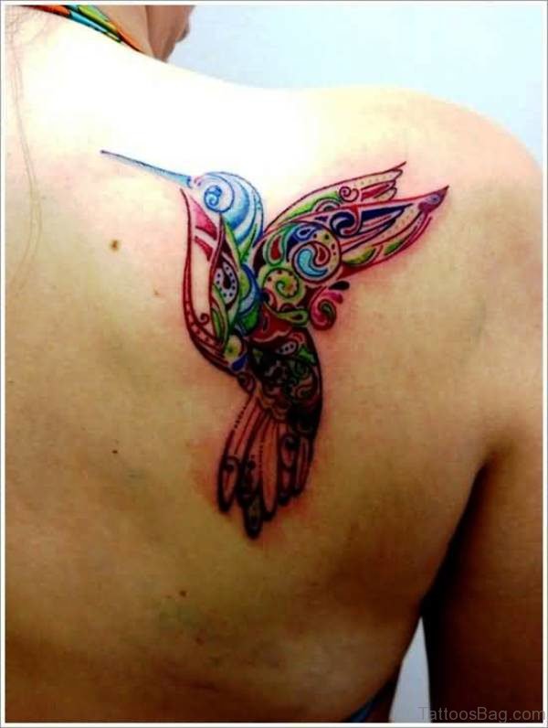 Colorful Hummingbird Tattoo On Shoulder