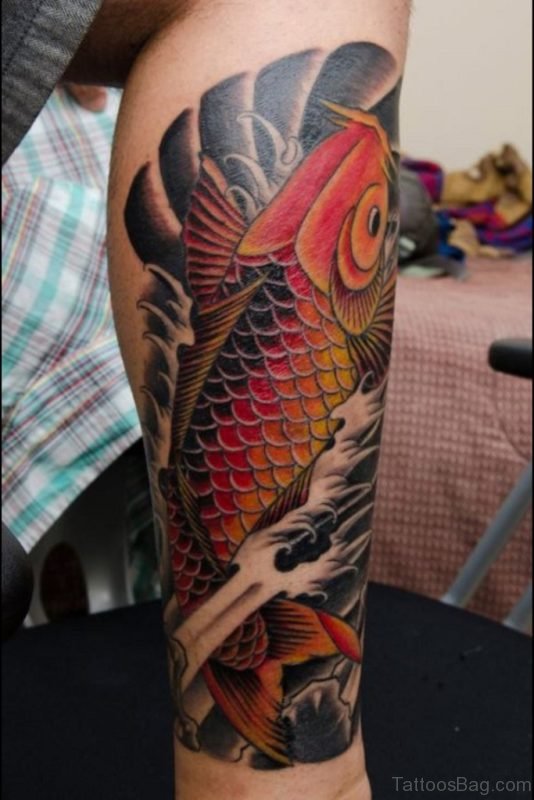 Colorful Koi Fish Tattoo Designs On Leg 