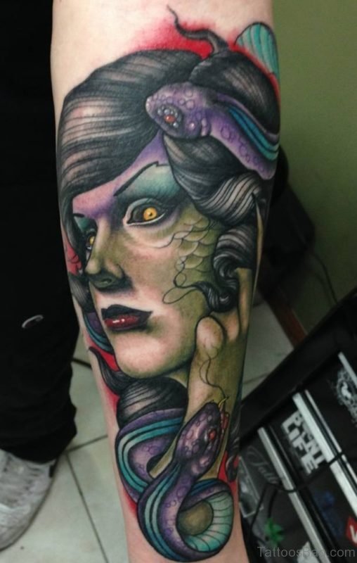 Colorful Medusa Tattoo On Arm 