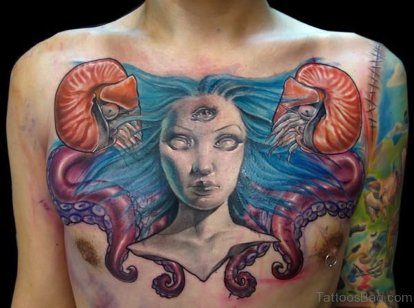 Colorful Medusa Tattoo On Chest 