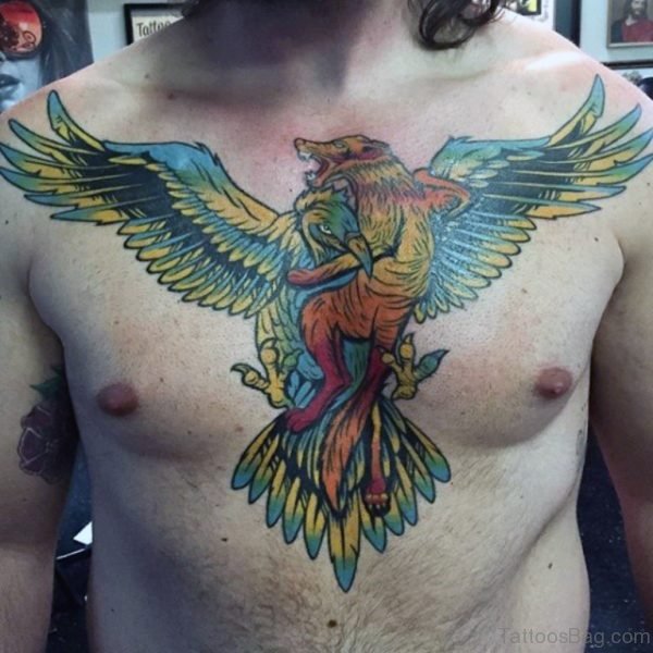 Colorful Mens Falcon Chest Tattoos