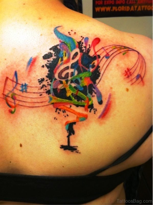 Colorful Musical Tattoo On Back Shoulder