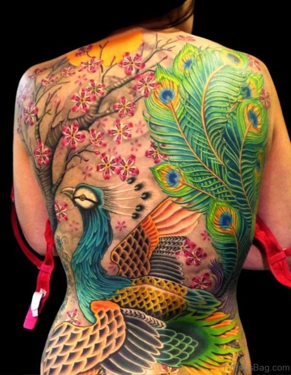 Colorful Peacock Tattoo On Back 