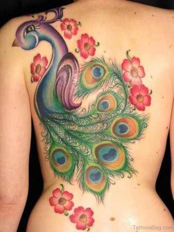 Colorful Peacock Tattoo On Back