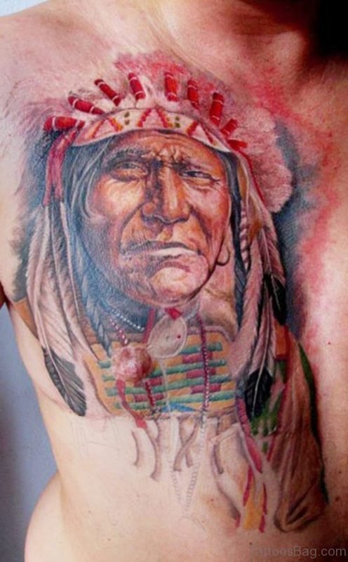 Colorful Portrait Of Native American Tattoo On Chest 