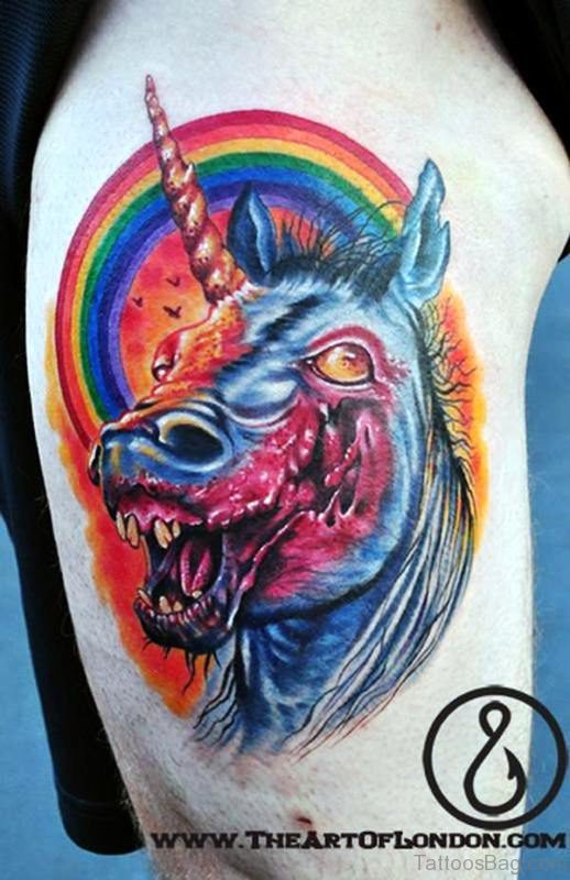Colorful Rainbow Unicorn Tattoo On Arm