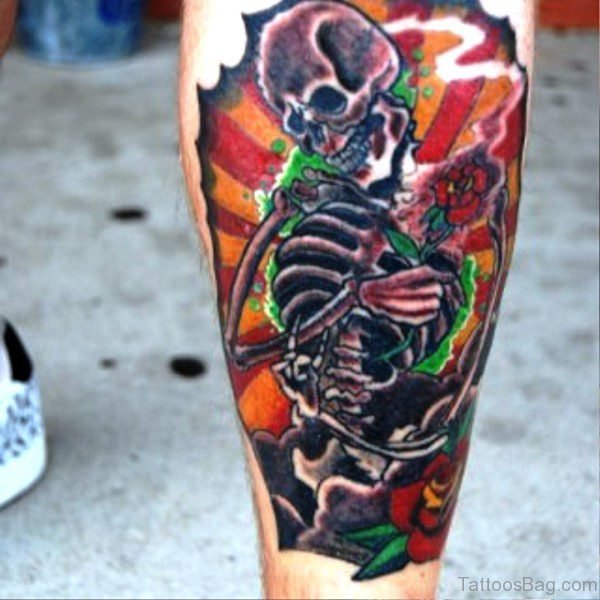 Colorful Skelton Tattoo On Calf