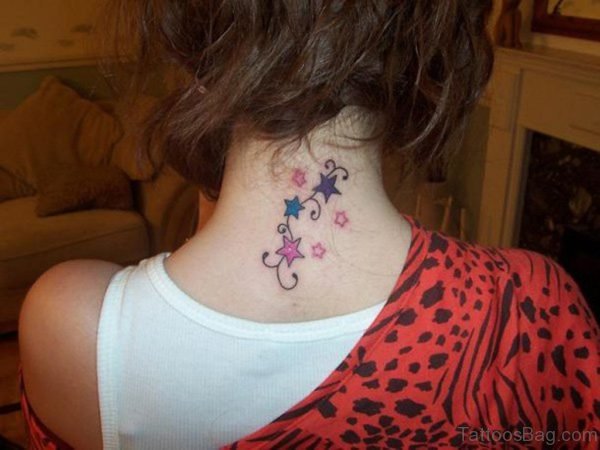 Colorful Stars Neck Tattoo 