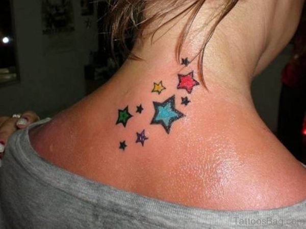 Colorful Stars Tattoo Design On Neck 