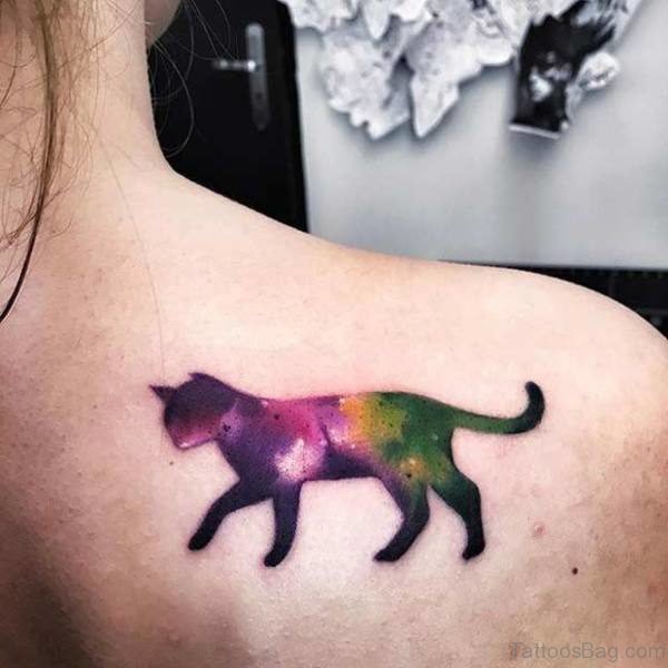Colorful Walking Cat Tattoo On Shoulder