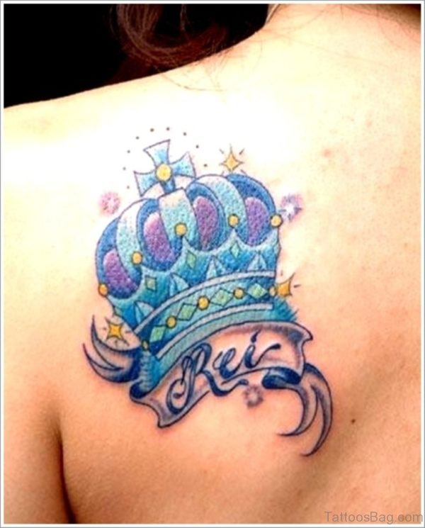 Colourful Crown Tattoo On Back