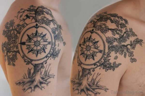 Compas And Tree Tattoo