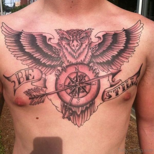 Compass And Owl Tattoo On Chest 